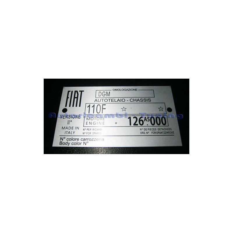 Targhetta Riassuntiva Dati FIAT 500 R Telaio Motore