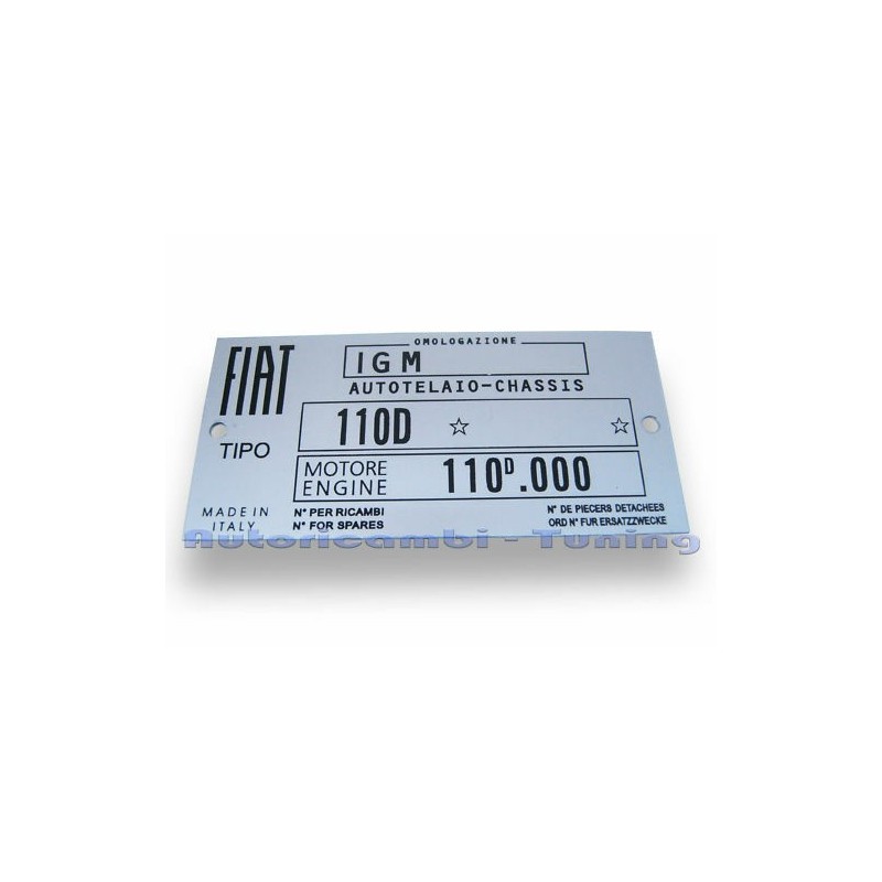 Targhetta Riassuntiva Dati per FIAT 500D 110D Telaio e Motore
